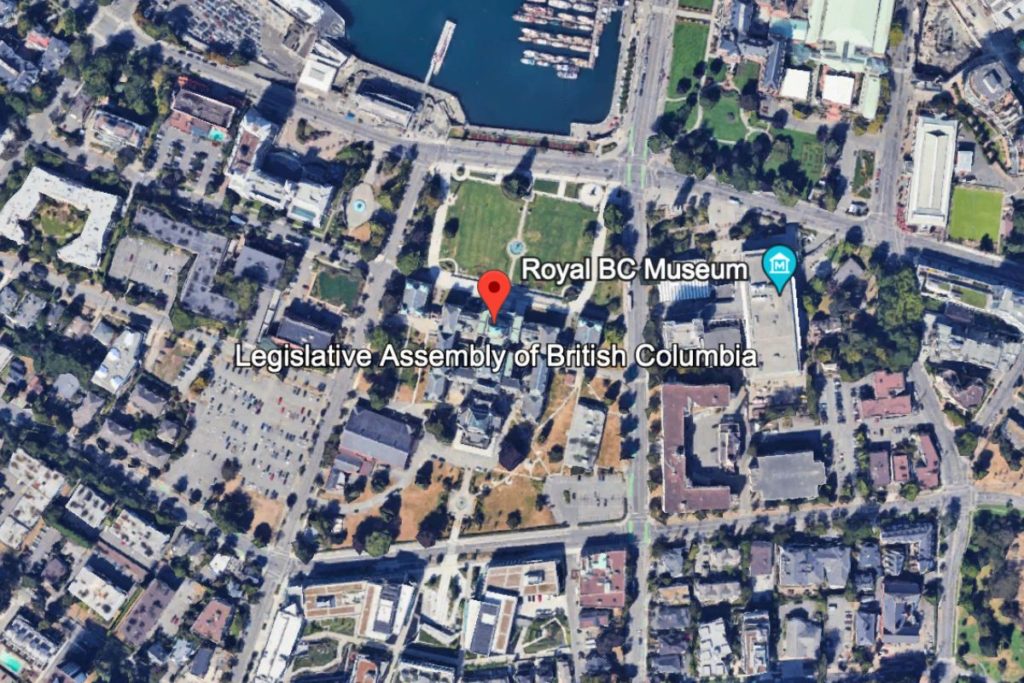 Map view of the BC Legislature in Victoria, BC